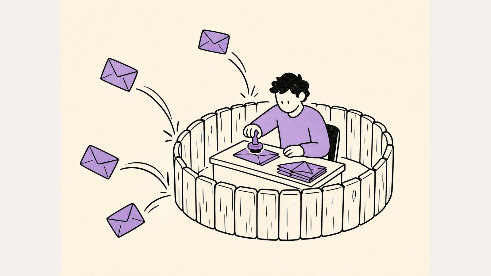 Editorial illustration of a small agent-worker at a desk inside a low circular fence with a single stamp as their only tool, while suspicious envelopes labeled with extra demands bounce gently off the fence without reaching the agent.